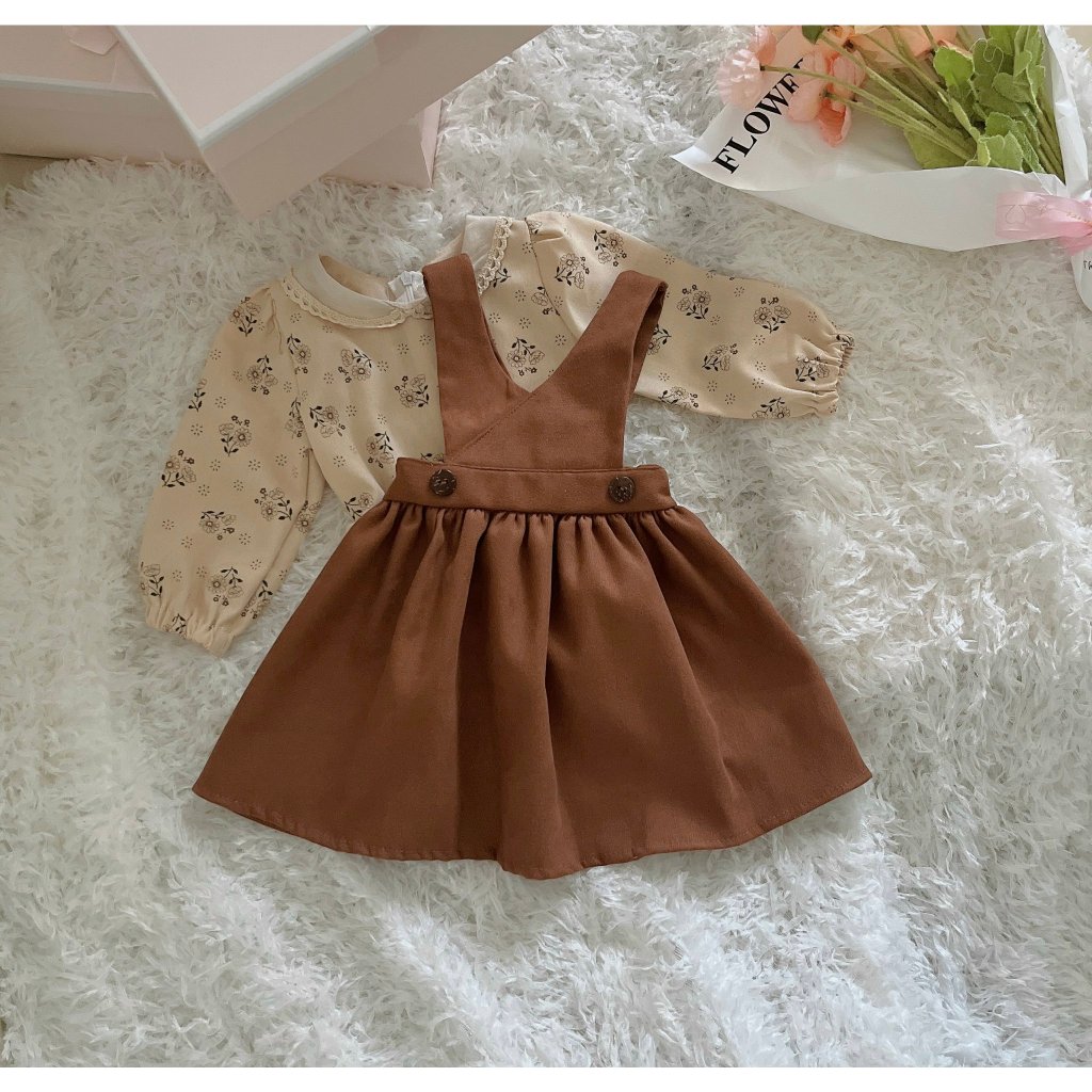 Váy bé gái Mykids váy thu đông cho bé set vintage trẻ em yếm nâu kèm áo dài tay hàng thiểt kế từ 6-32kg