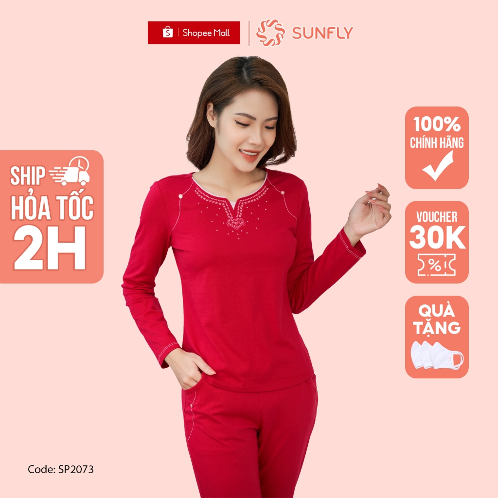 Bộ Đồ Mặc Nhà Nữ Cotton SUNFLY Áo Tay Dài Quần Dài SP2073
