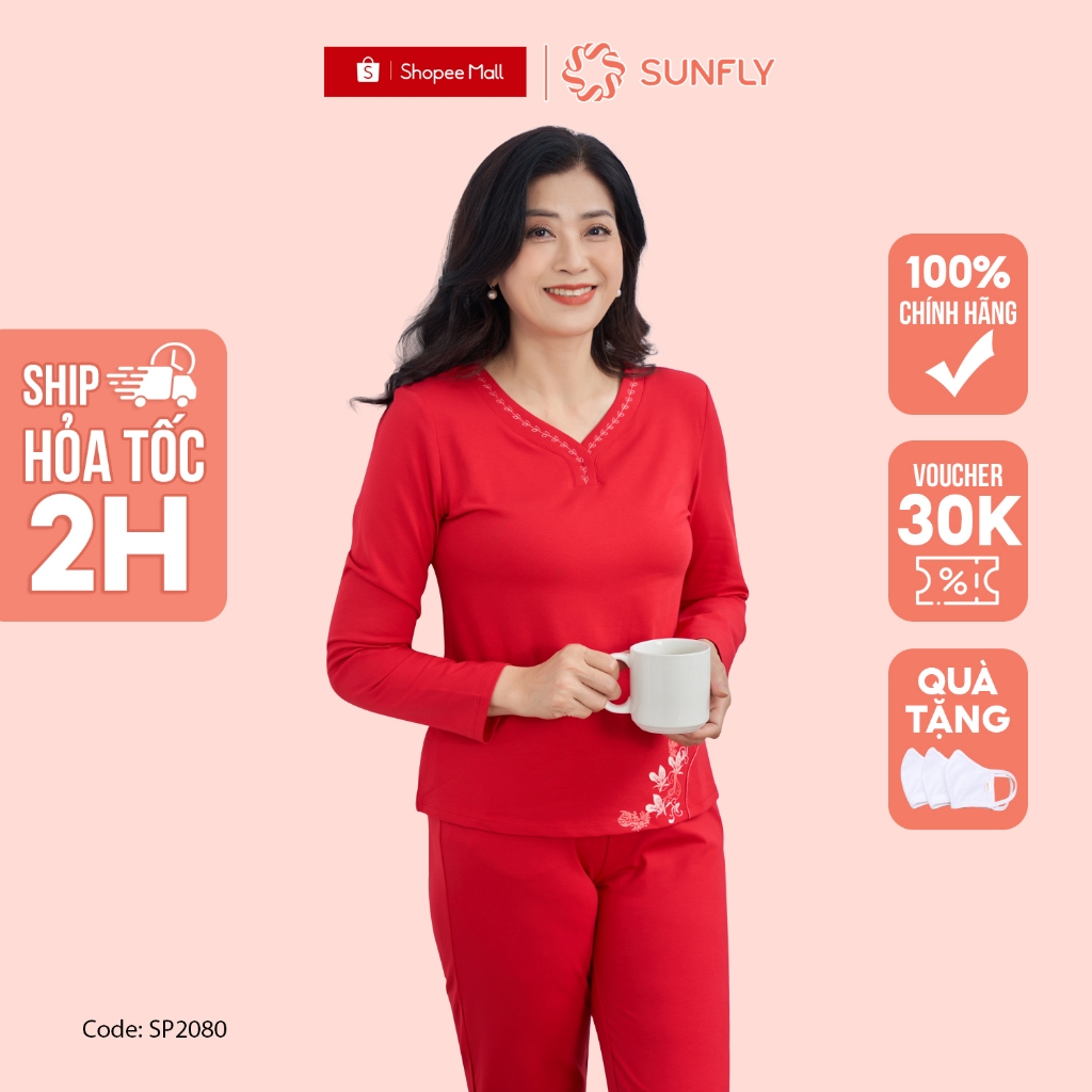 Bộ Đồ Mặc Nhà Nữ Cotton SUNFLY Áo Tay Dài Quần Dài SP2080