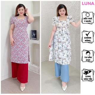Bộ áo dài bigsize nữ LUNA cách tân lụa Hàn cao cấp đã kèm quần, Áo dài nữ bigsize cổ vuông - Luna
