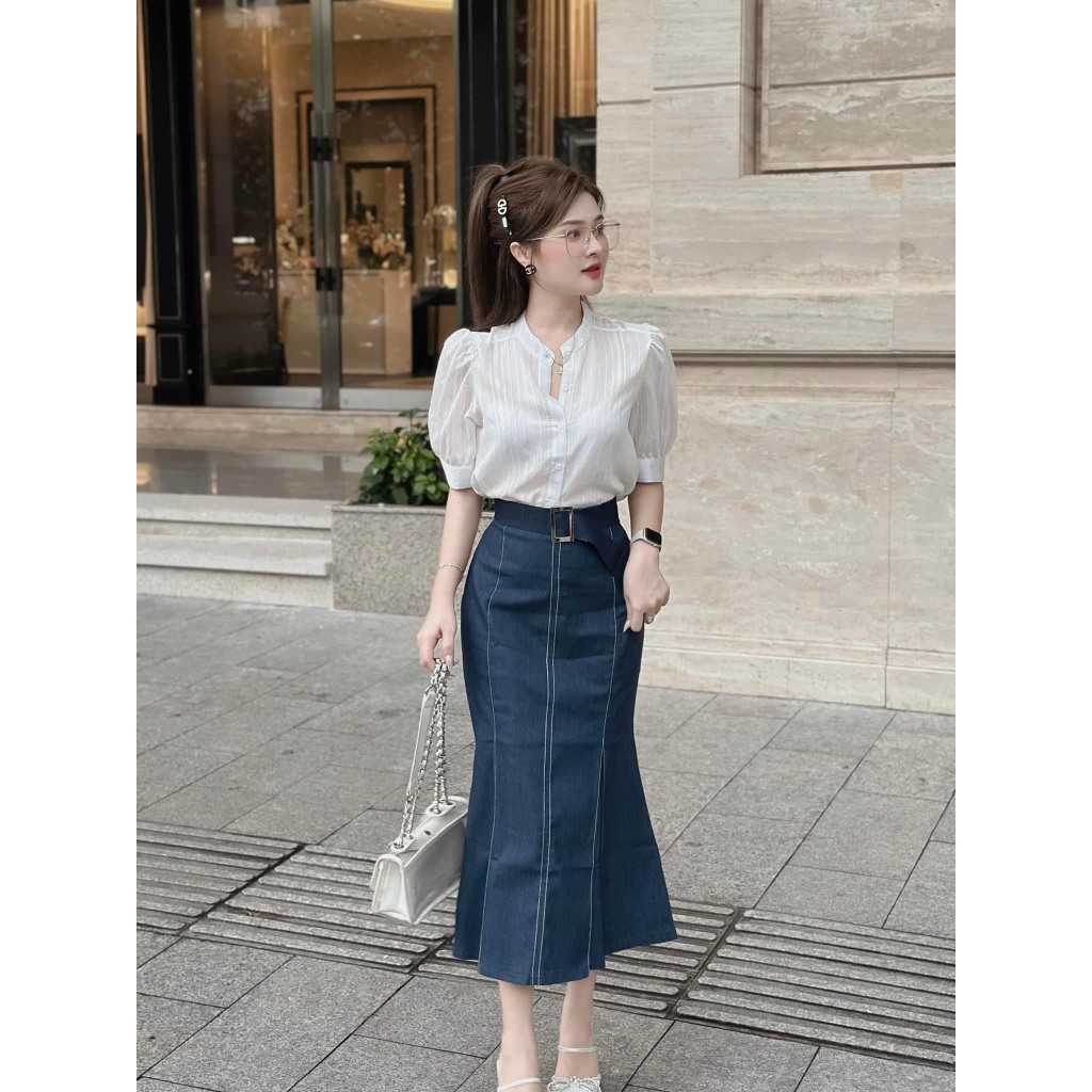 Set bộ đồ nữ áo sơ mi trắng cổ tàu tay phồng mix chân váy jeans đuôi cá tôn dáng với 2 tone màu basic, siêu hot