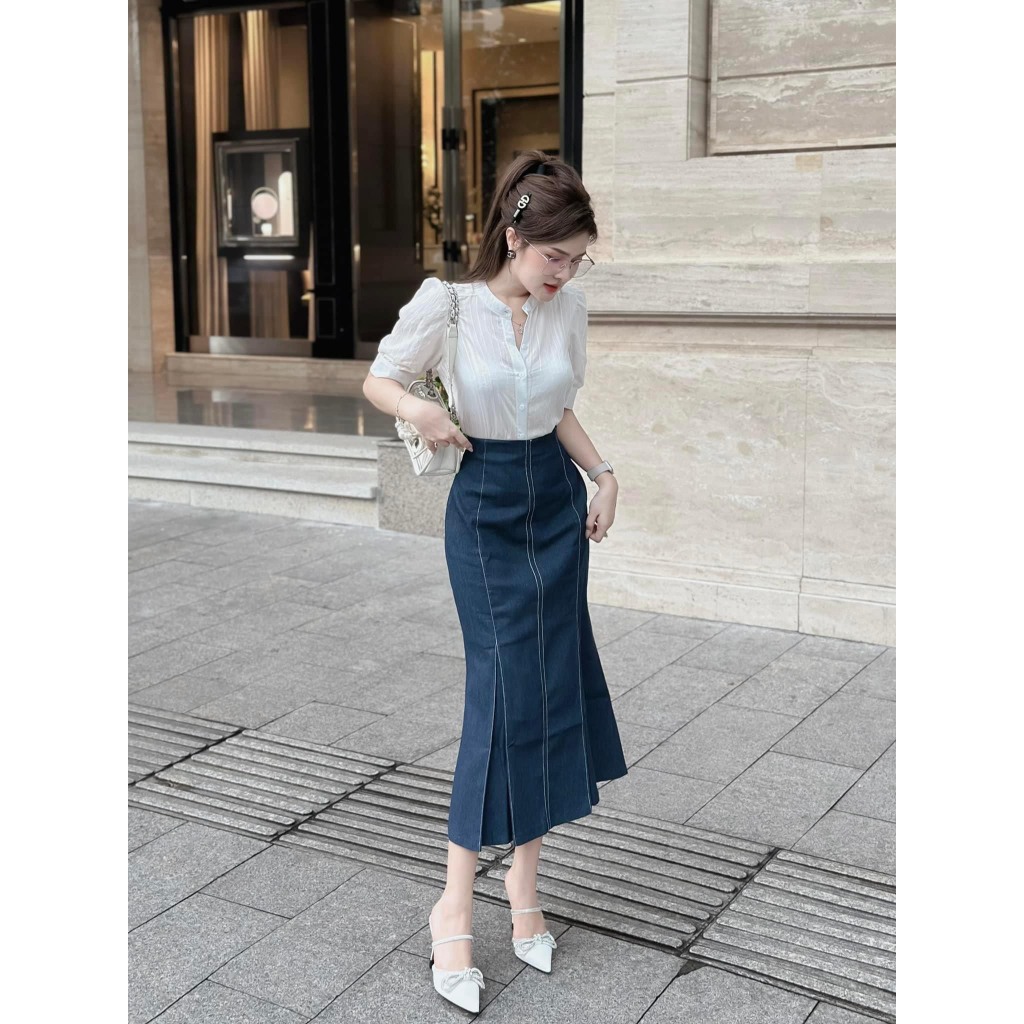 Set bộ đồ nữ áo sơ mi trắng cổ tàu tay phồng mix chân váy jeans đuôi cá tôn dáng với 2 tone màu basic, siêu hot