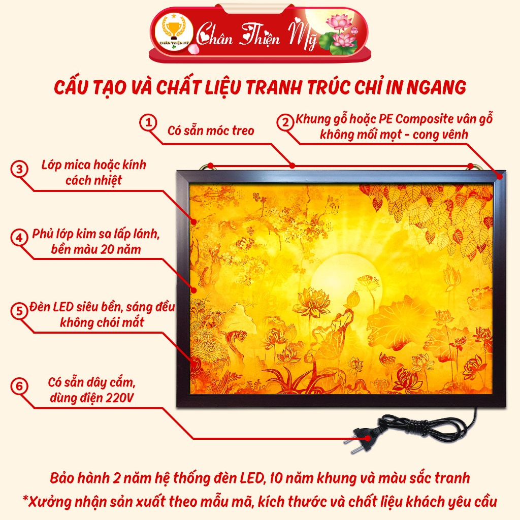 Tranh Trúc Chỉ In Ngang Có Đèn CHÂN THIỆN MỸ, Dùng Trang Trí Bàn Thờ Phật, Gia Tiên, Treo Phòng Thờ CTC-TN-09
