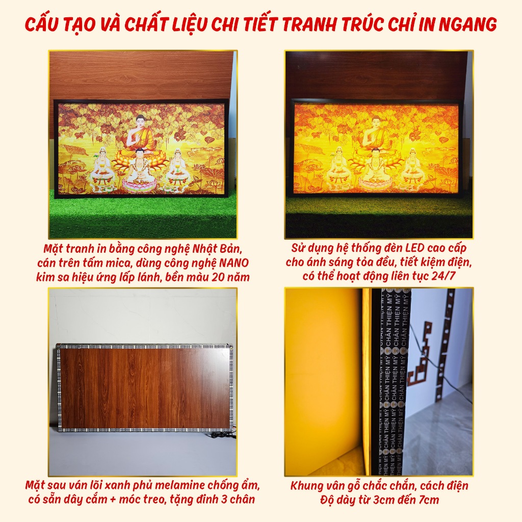 Tranh Trúc Chỉ In Ngang Có Đèn CHÂN THIỆN MỸ, Dùng Trang Trí Bàn Thờ Phật, Gia Tiên, Treo Phòng Thờ CTC-TN-09