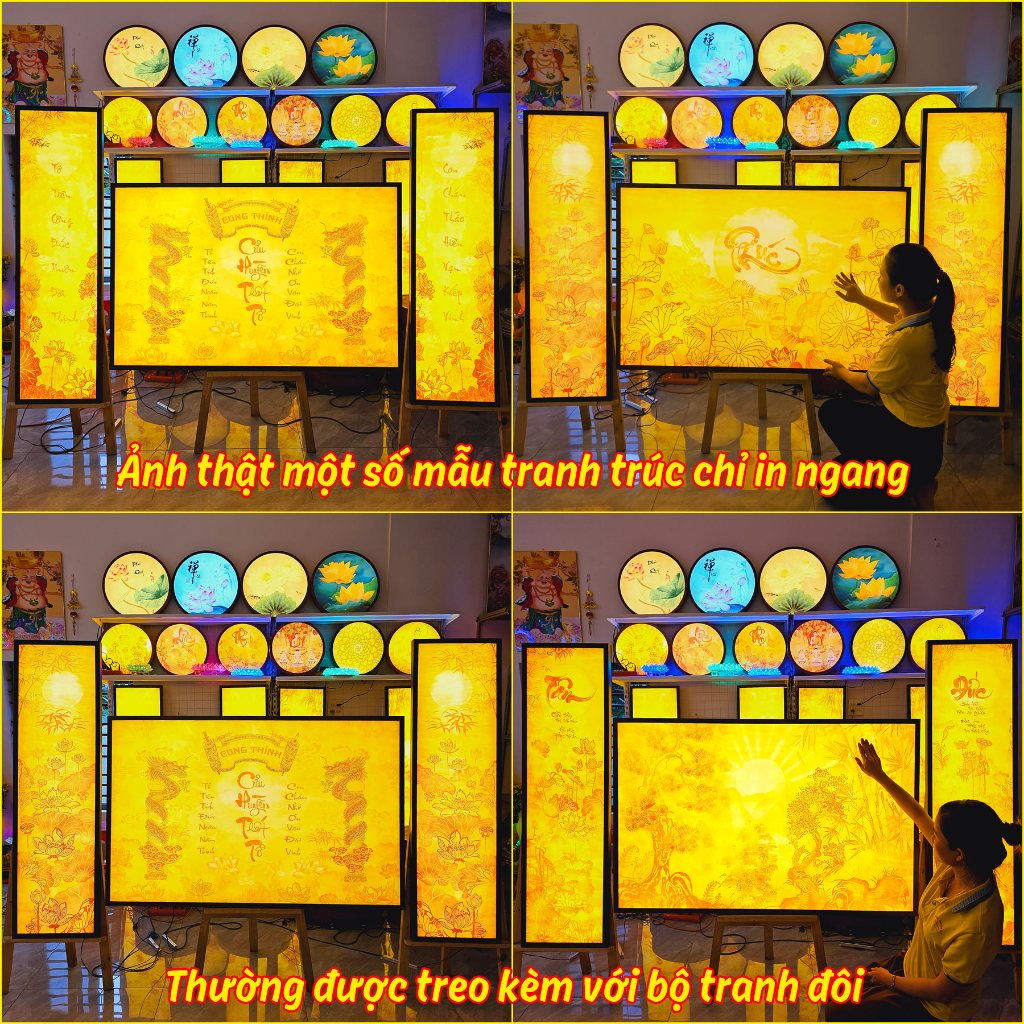 Tranh Trúc Chỉ In Ngang Có Đèn CHÂN THIỆN MỸ, Dùng Trang Trí Bàn Thờ Phật, Gia Tiên, Treo Phòng Thờ CTC-TN-09