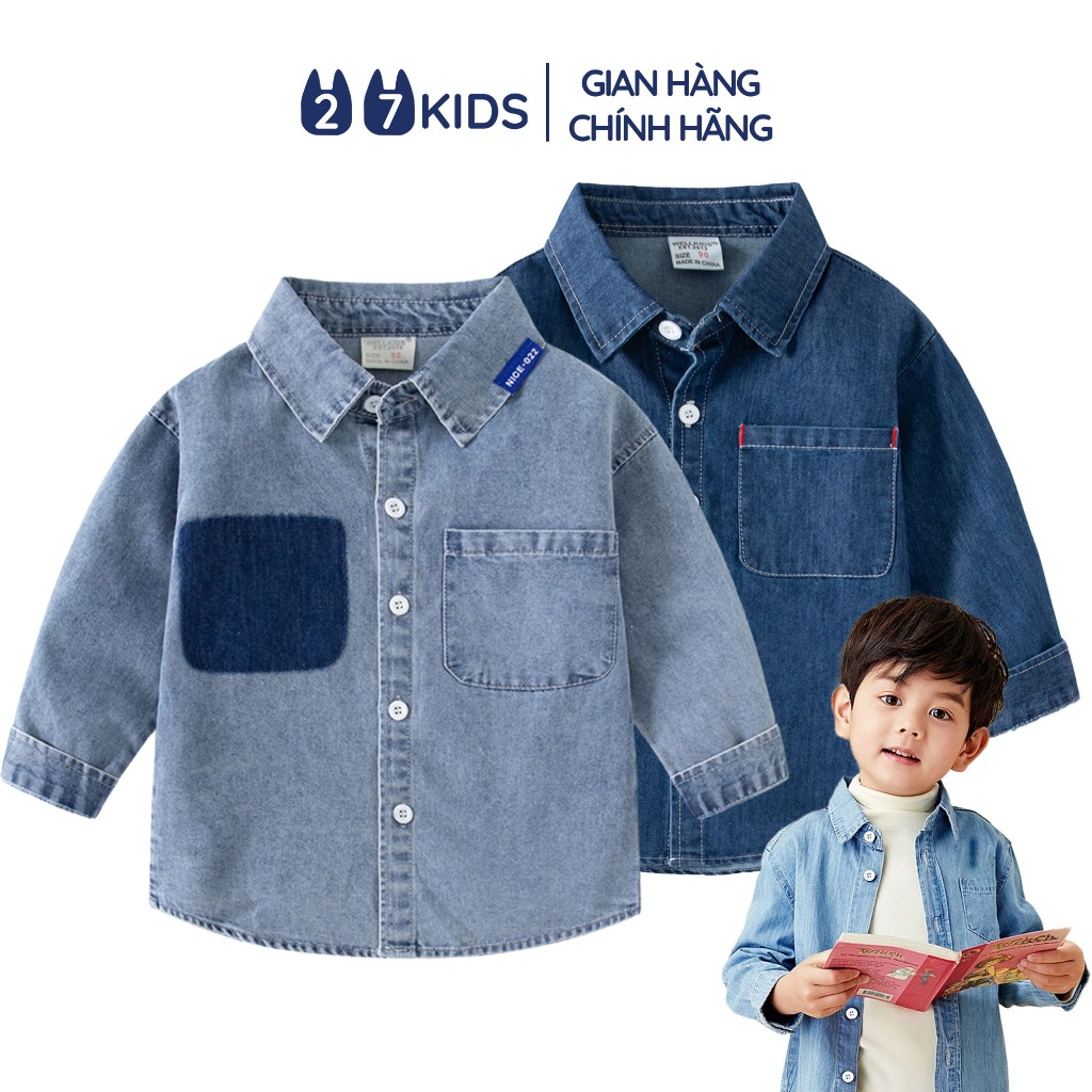 Áo sơ mi jean bé trai dài tay 27Kids WELLKIDS bò mềm cổ bẻ đi học nam cho trẻ từ 2-8 tuổi BLSH4