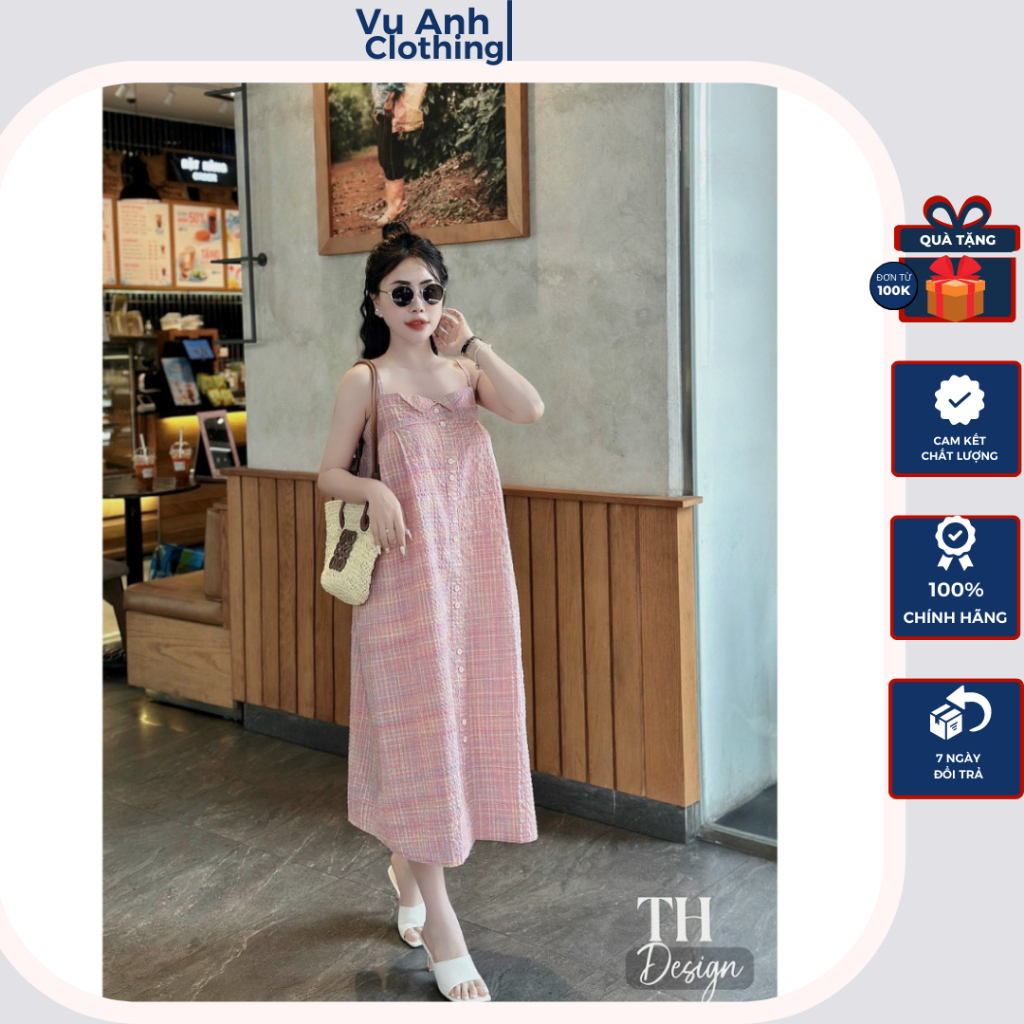 Đầm bầu dự tiệc , váy bầu thiết kế kẻ nẹp khuy cổ bẻ dáng dài bao xinh chuẩn như mẫu mặc cho các Mẹ