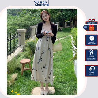 Đầm bầu ,Set váy hai dây hoa dáng dài kèm áo khoác cardiga Đầm maxi dáng suông phong cách tiểu thư cực xinh