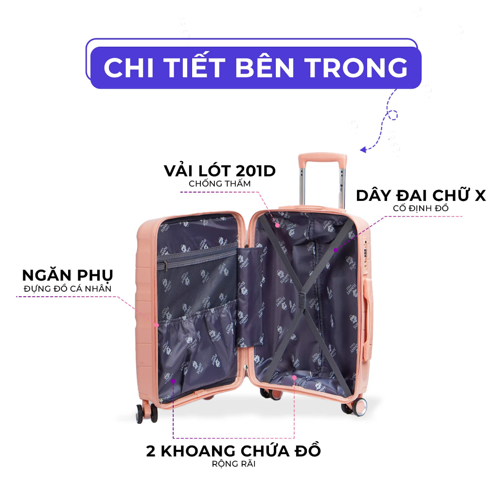 Vali du lịch SUNNY-PP11 vali size 20/24 inch, xách tay/kí gửi chống sốc