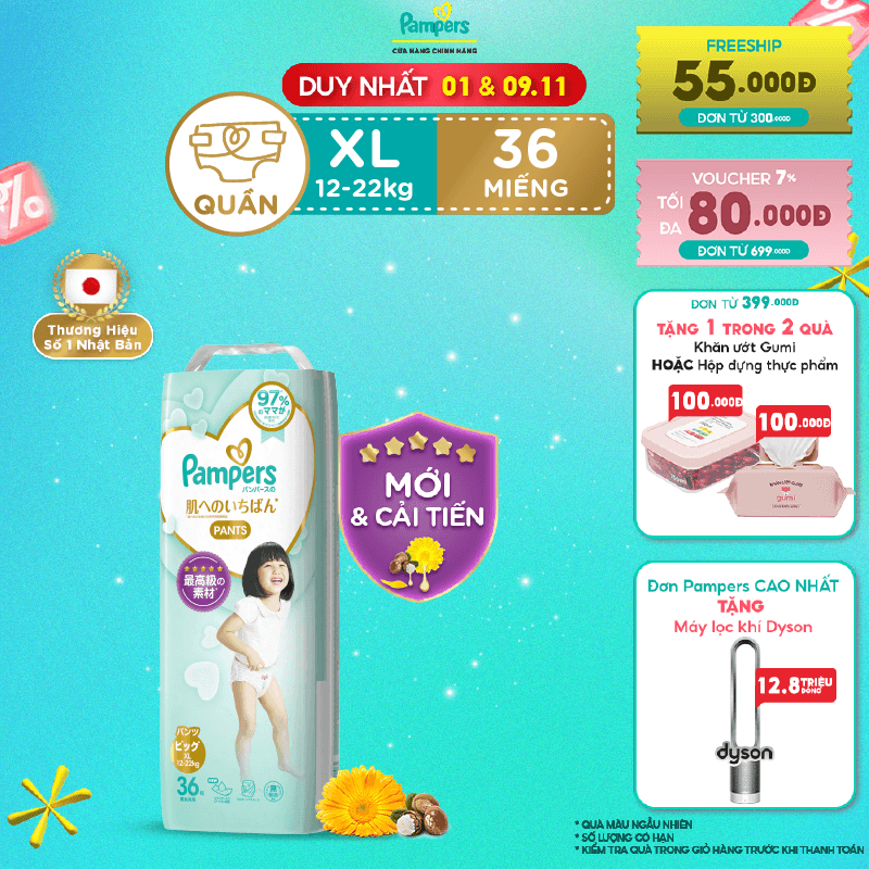 Tã/ Bỉm Quần PAMPERS Nhật Thượng Hạng Size M48/ L38/ XL36