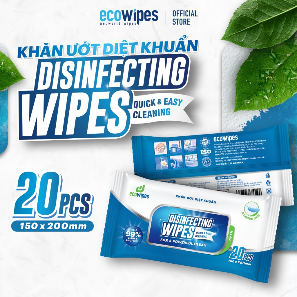 Khăn ướt diệt khuẩn Disinfecting Wipes hương chanh gói 20 tờ diệt 99,9% vi khuẩn