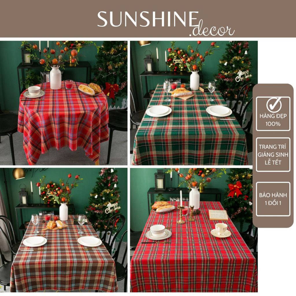 Khăn trải bàn giáng sinh kẻ caro đỏ xanh trang trí lễ hội Noel