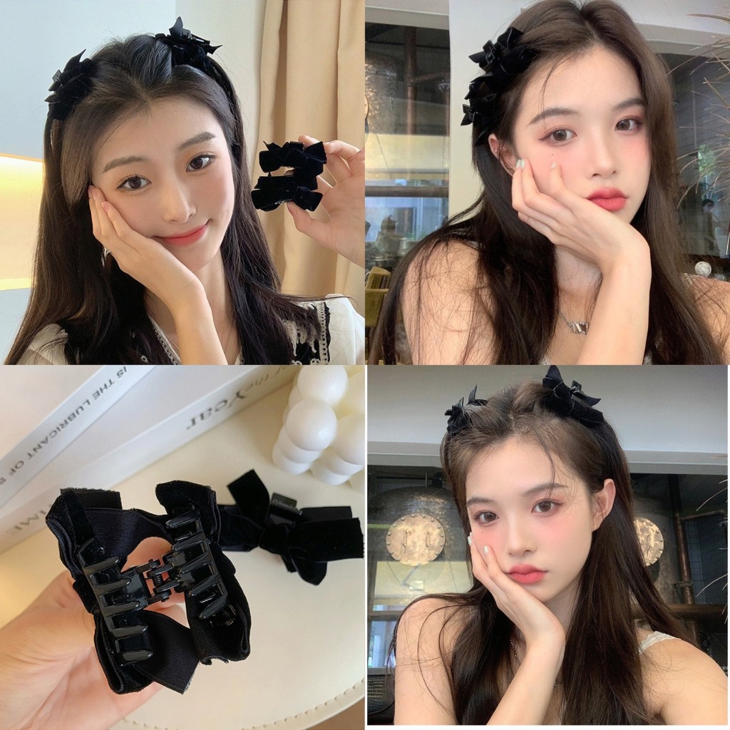Set 2 Kẹp Tóc Nơ Bằng Nhung Đen Phong Cách Thu Đông Dễ Thương Cho Nữ