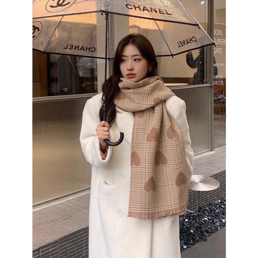 Khăn Len Ép Choàng Hoạ Tiết Kẻ Tim 2 Mặt Mềm Mịn Cao Cấp Siêu Hot