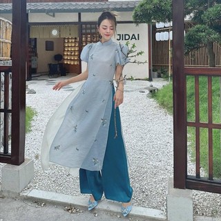 Áo dài cách tân nữ tơ thêu hoa ld50