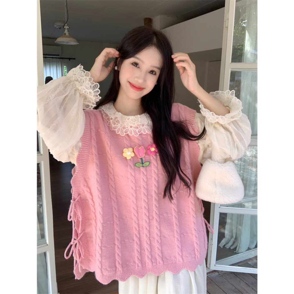 「hanidu.」Áo gile len nữ vintage đính hoa xinh xắn, set gile len nữ phối sơ mi tiểu thư viền ren form rộng Hàn Quốc