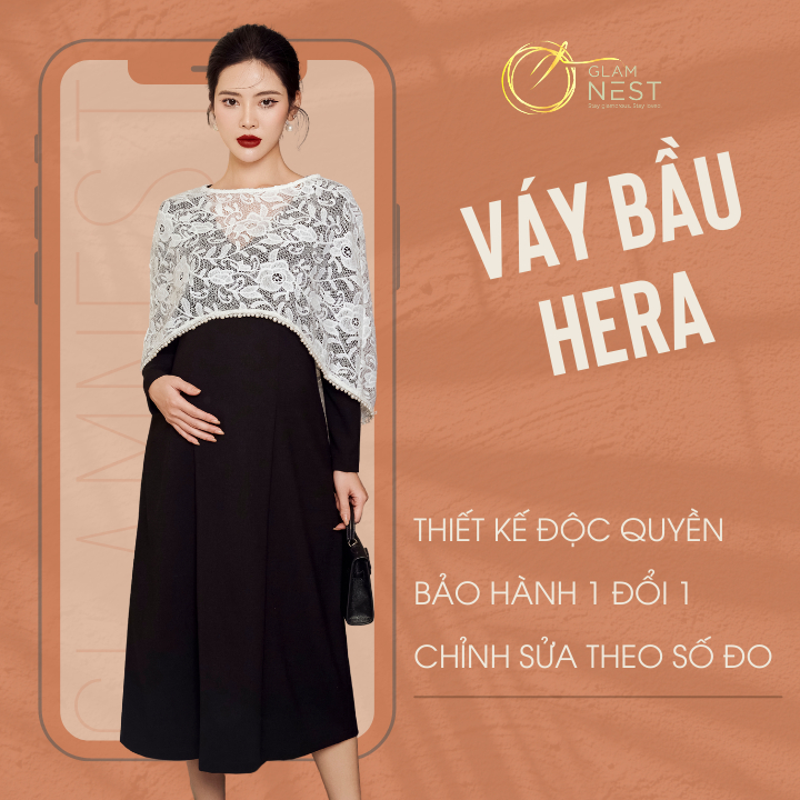 Váy Bầu Dáng Dài Phối Ren Đầm Bầu Thanh Lịch Thiết Kế Vải Đũi Thun Co Giãn 4 Chiều Glam Nest VD025