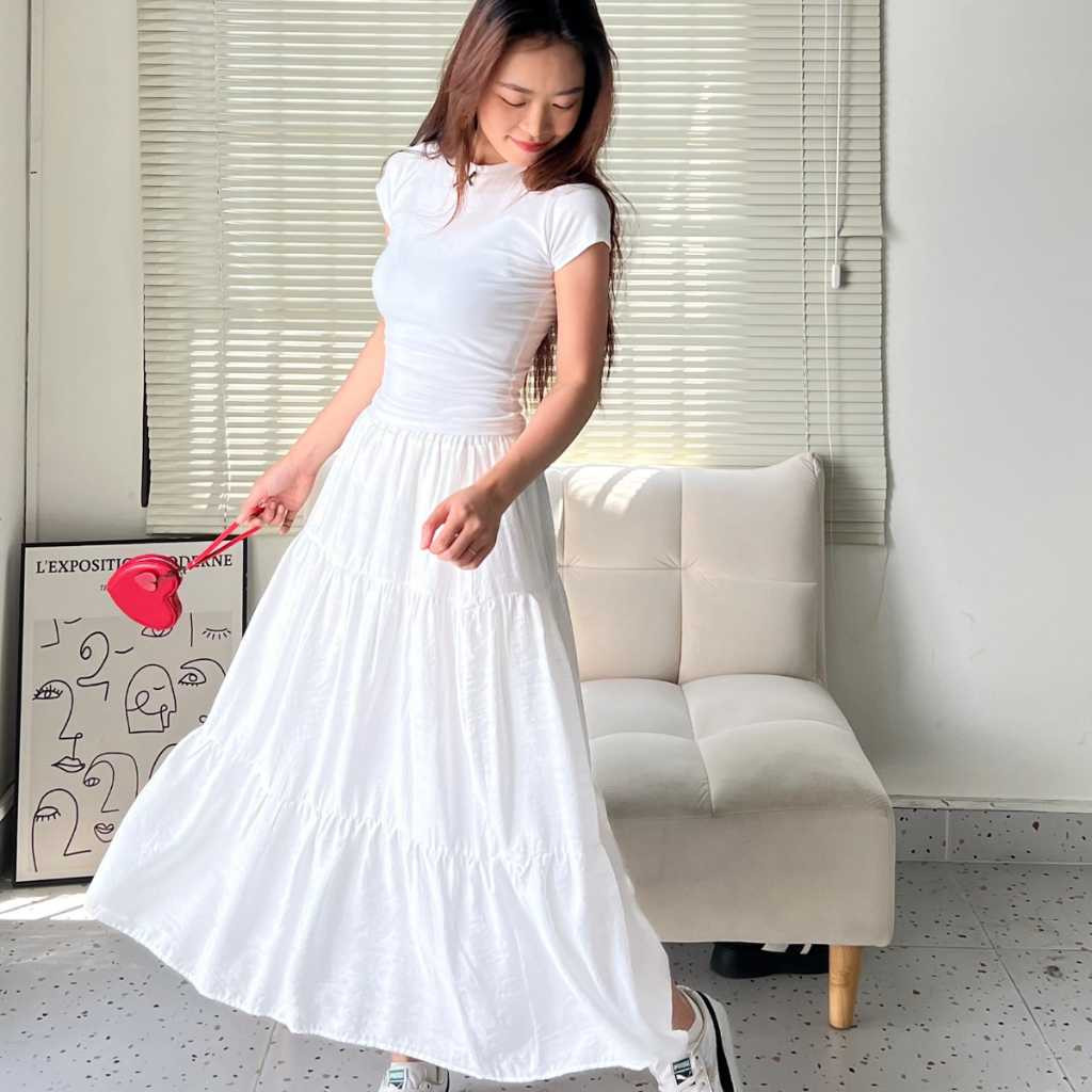 Chân Váy Dài Dáng Xòe Màu Trắng, Đen Ba Tầng Co Giãn Thoải Mái TIỆM ĐỒ THÁNG 4 MAXI SKIRT