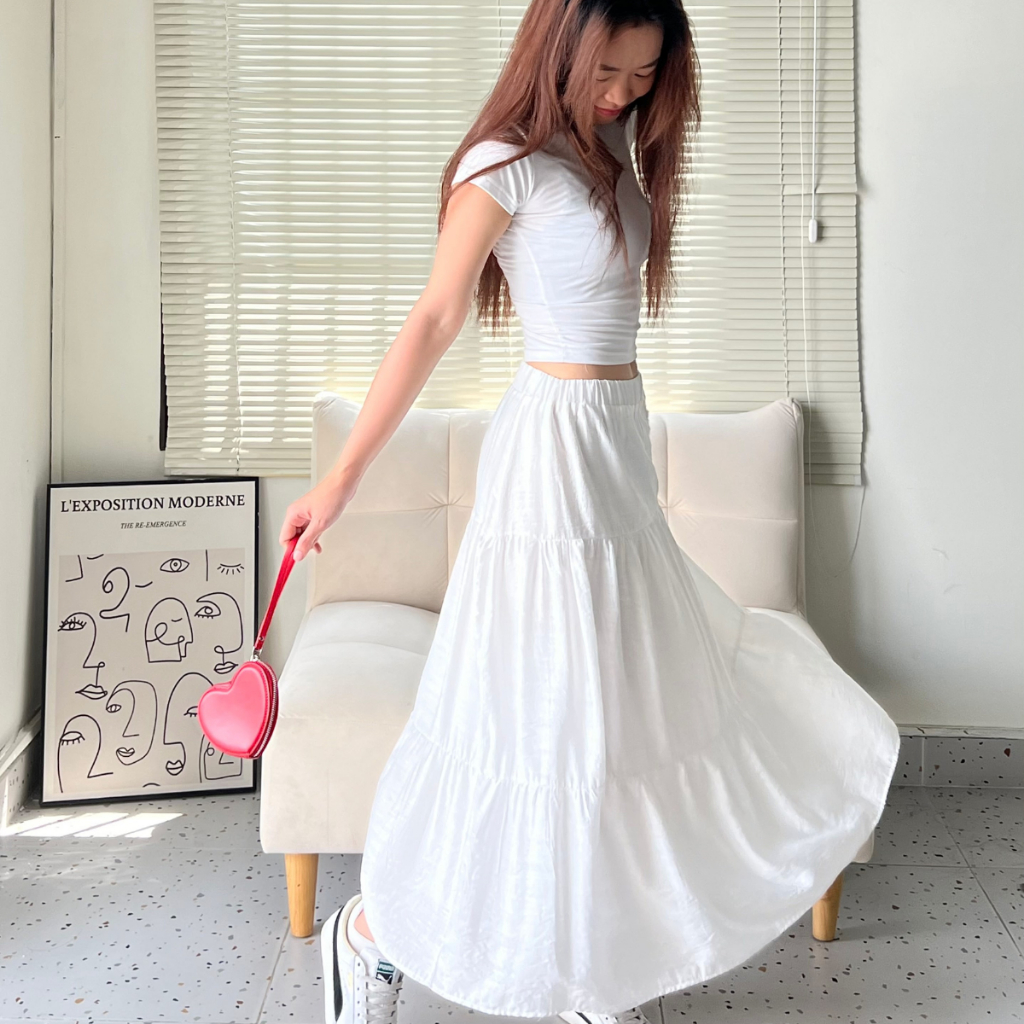 Chân Váy Dài Dáng Xòe Màu Trắng, Đen Ba Tầng Co Giãn Thoải Mái TIỆM ĐỒ THÁNG 4 MAXI SKIRT