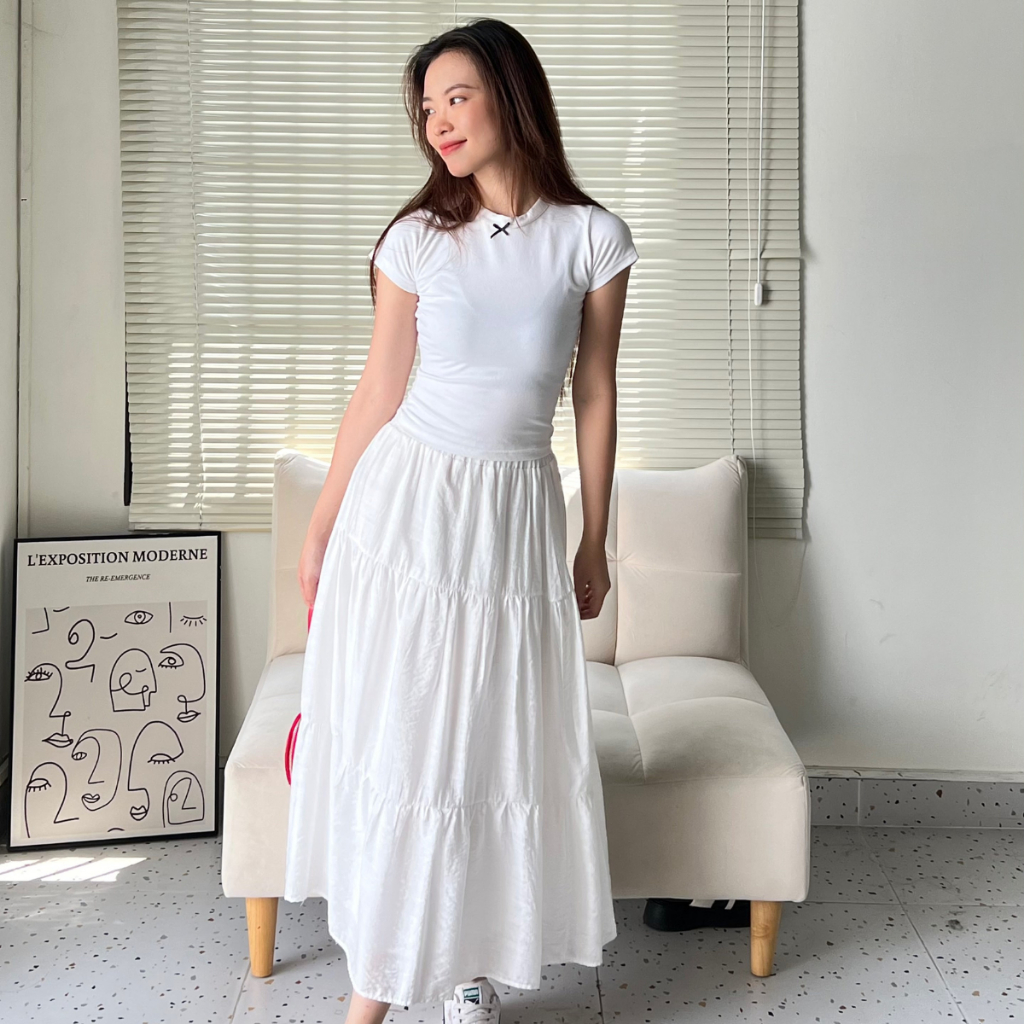 Chân Váy Dài Dáng Xòe Màu Trắng, Đen Ba Tầng Co Giãn Thoải Mái TIỆM ĐỒ THÁNG 4 MAXI SKIRT