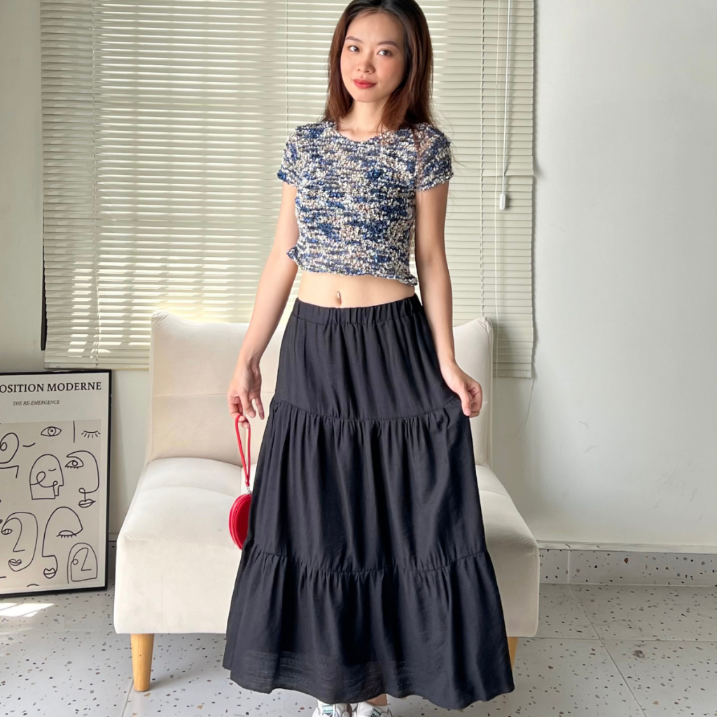 Chân Váy Dài Dáng Xòe Màu Trắng, Đen Ba Tầng Co Giãn Thoải Mái TIỆM ĐỒ THÁNG 4 MAXI SKIRT