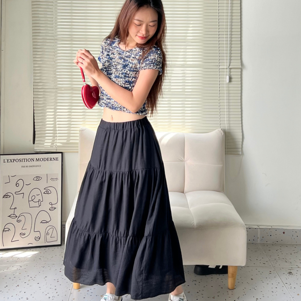 Chân Váy Dài Dáng Xòe Màu Trắng, Đen Ba Tầng Co Giãn Thoải Mái TIỆM ĐỒ THÁNG 4 MAXI SKIRT