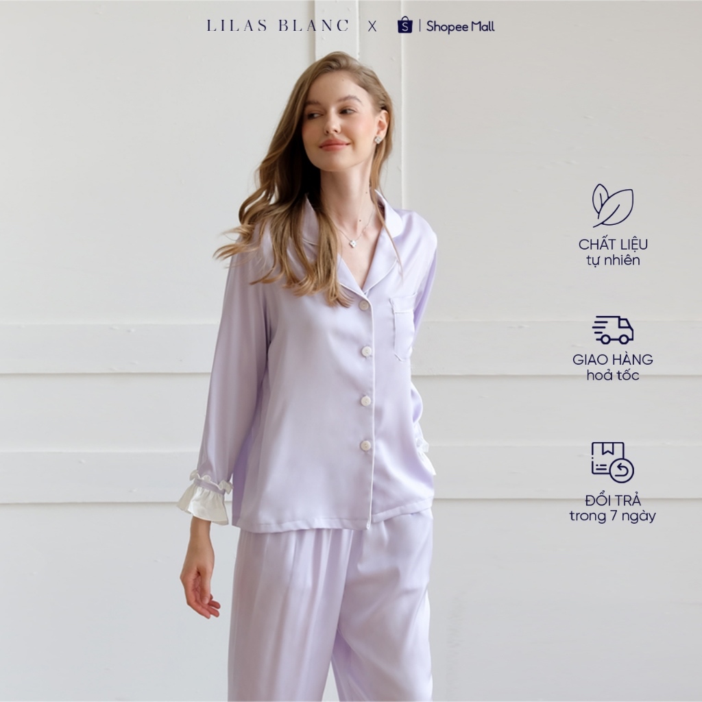 Bộ Pyjamas Nữ Mặc Nhà Áo Dài Quần Dài Chất Liệu Lụa Màu Tím Lavender Thiết Kế Phối Viền Bèo Trắng Bella LILAS BLANC