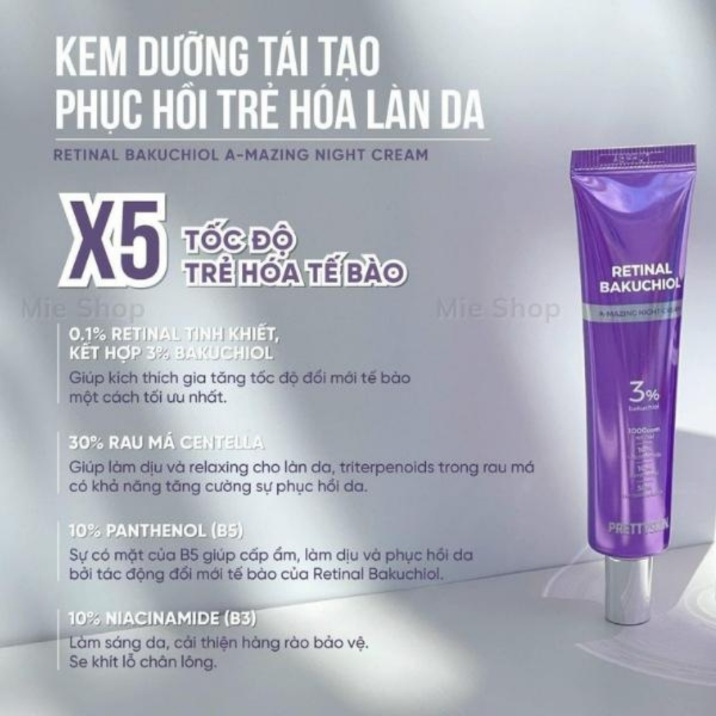 Retinol Pretty Skin, kem dưỡng Retinal Bakuchiol A-Mazing Night Cream, tái tạo da căng bóng, trắng mịn, mờ thâm