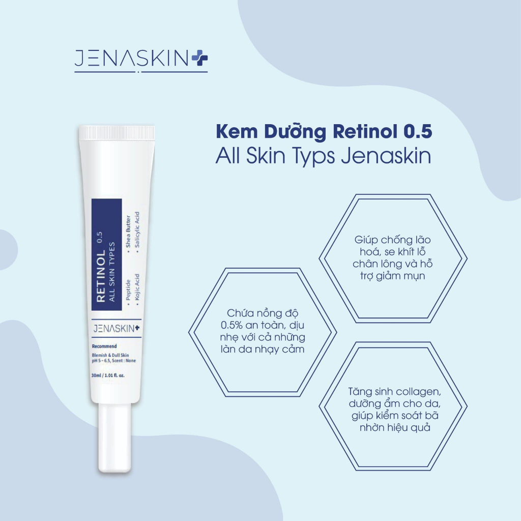 Kem retinol Jenaskin, kem dưỡng retinol 0.5% All Skin Types, trắng da, mờ thâm nám, se khít lỗ chân lông