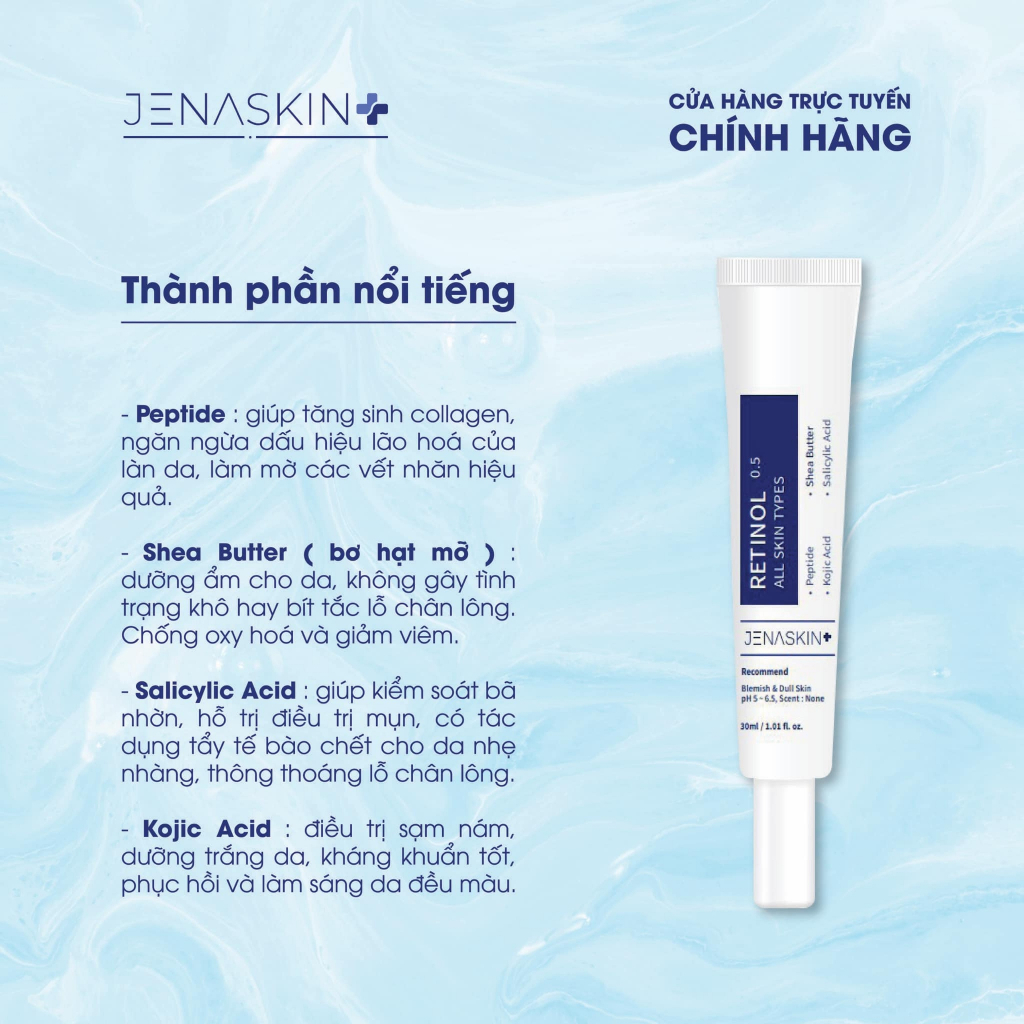 Kem retinol Jenaskin, kem dưỡng retinol 0.5% All Skin Types, trắng da, mờ thâm nám, se khít lỗ chân lông