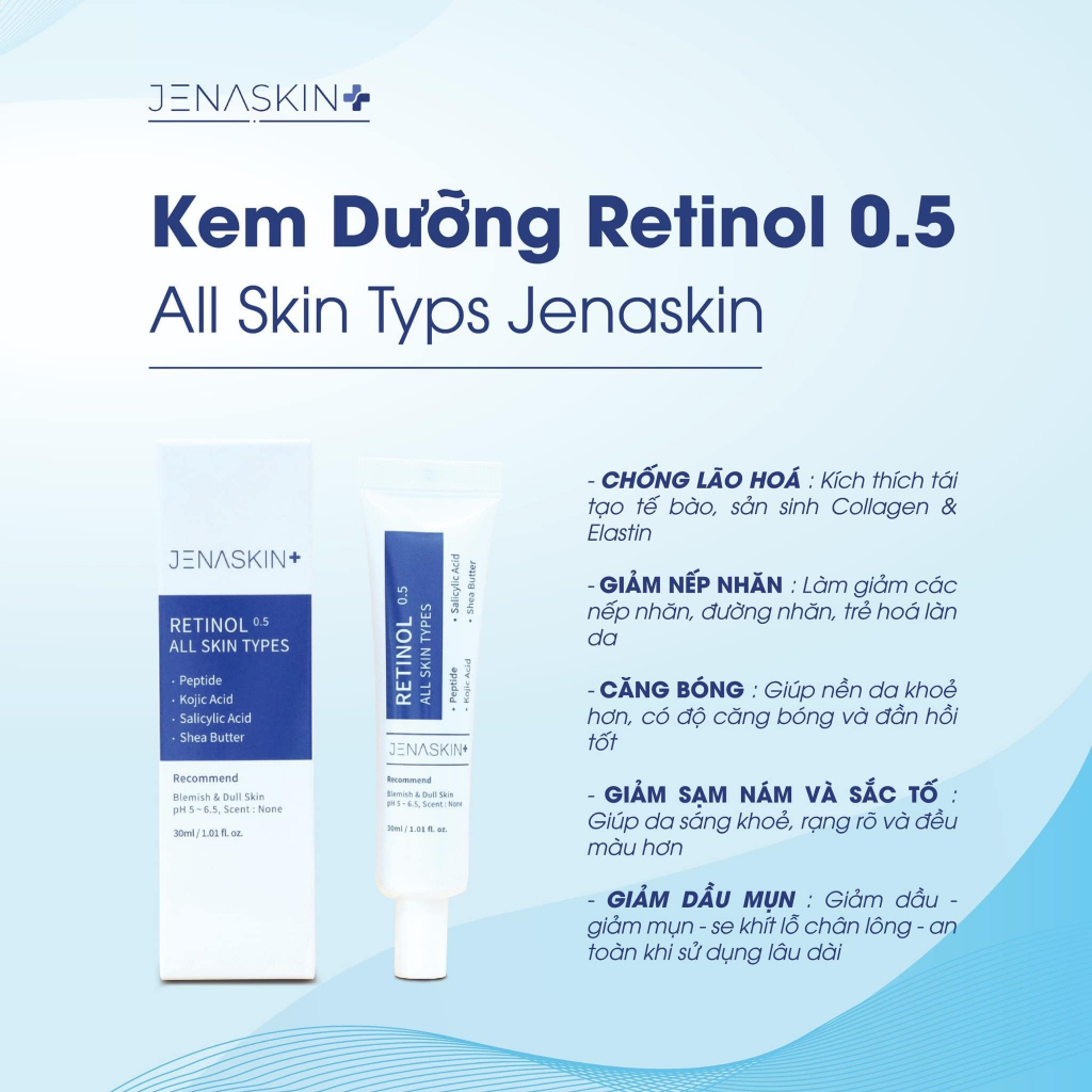 Kem retinol Jenaskin, kem dưỡng retinol 0.5% All Skin Types, trắng da, mờ thâm nám, se khít lỗ chân lông