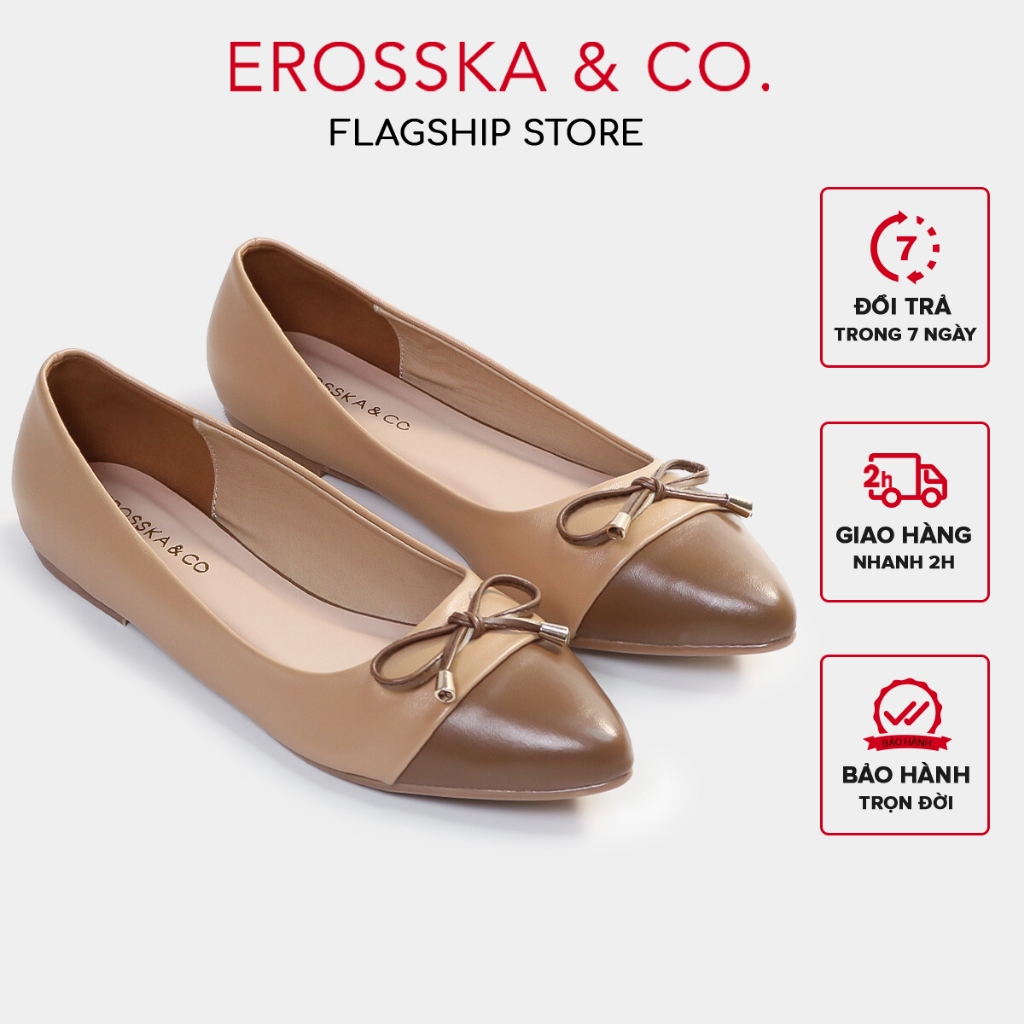Erosska - Giày búp bê nữ thời trang đế bệt đính nơ êm chân màu đen phối trắng - EF023