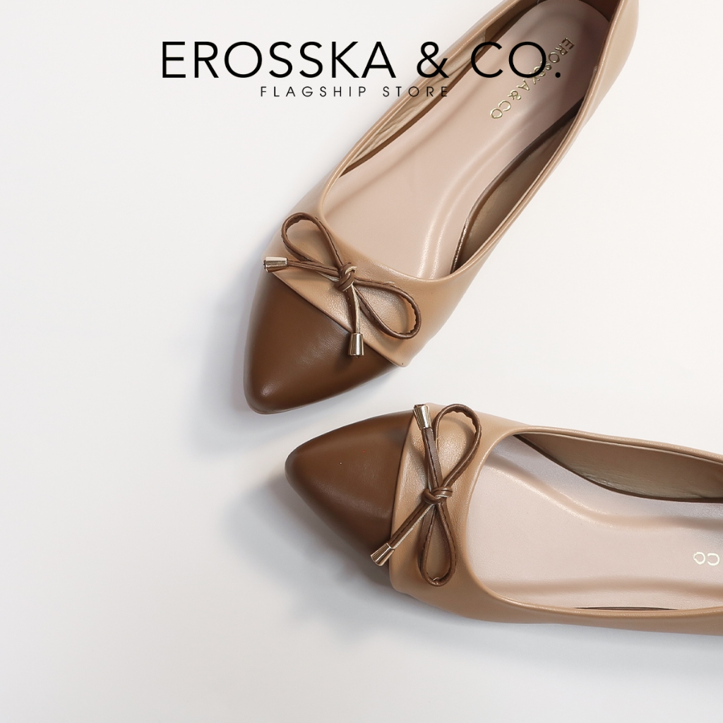 Erosska - Giày búp bê nữ thời trang đế bệt đính nơ êm chân màu cà phê phối nâu - EF023