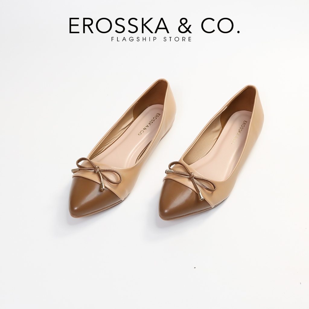 Erosska - Giày búp bê nữ thời trang đế bệt đính nơ êm chân màu cà phê phối nâu - EF023