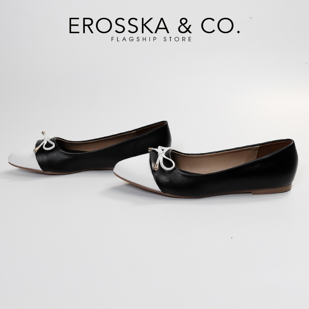 Erosska - Giày búp bê nữ thời trang đế bệt đính nơ êm chân màu cà phê phối nâu - EF023