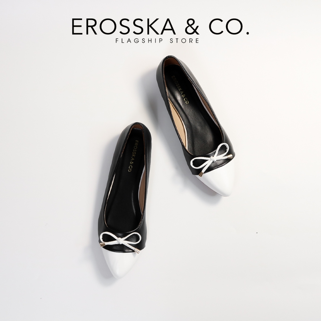 Erosska - Giày búp bê nữ thời trang đế bệt đính nơ êm chân màu cà phê phối nâu - EF023
