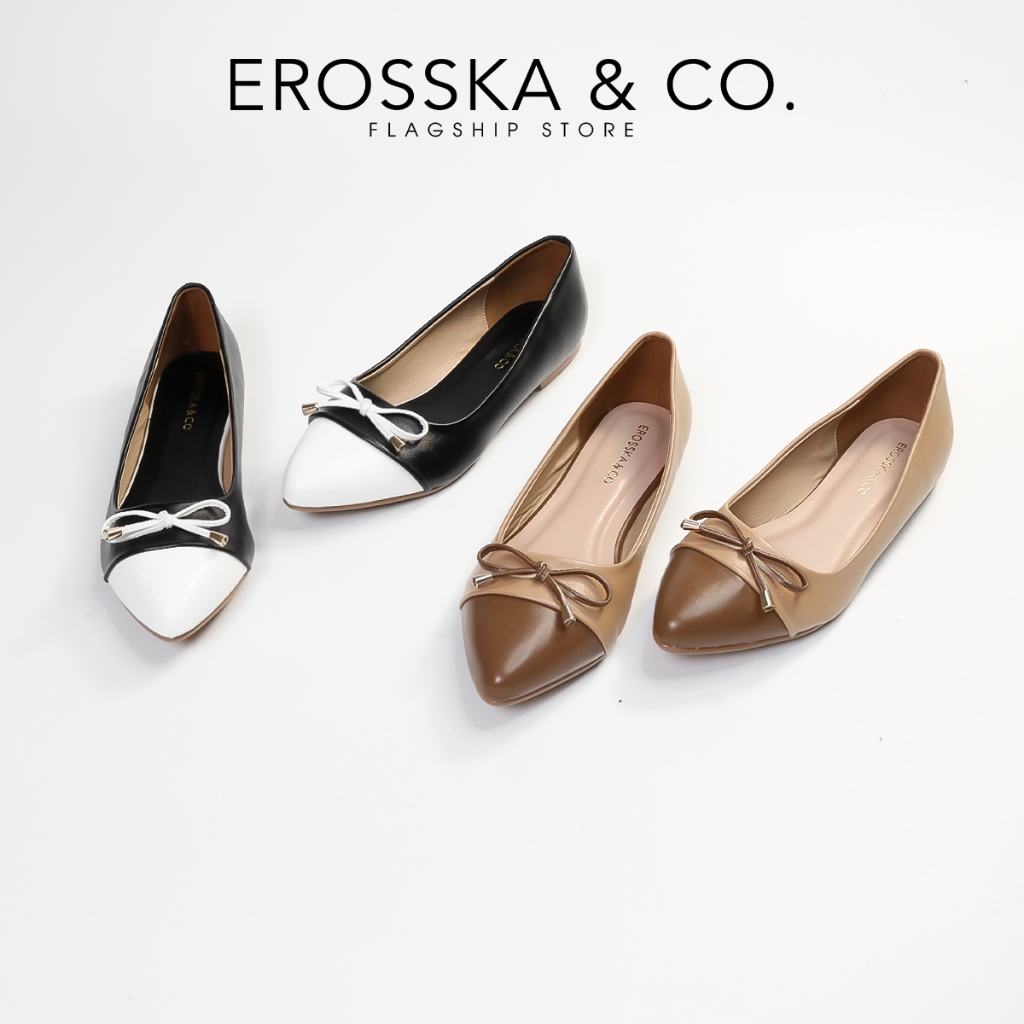 Erosska - Giày búp bê nữ thời trang đế bệt đính nơ êm chân màu cà phê phối nâu - EF023