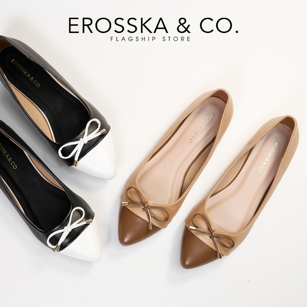 Erosska - Giày búp bê nữ thời trang đế bệt đính nơ êm chân màu cà phê phối nâu - EF023