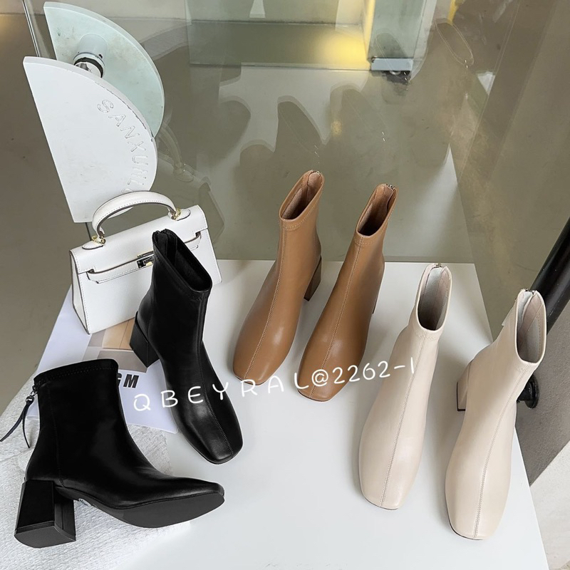 Giày Boot cổ ngắn đơn giản gót vuông 5p da mềm cao cấp