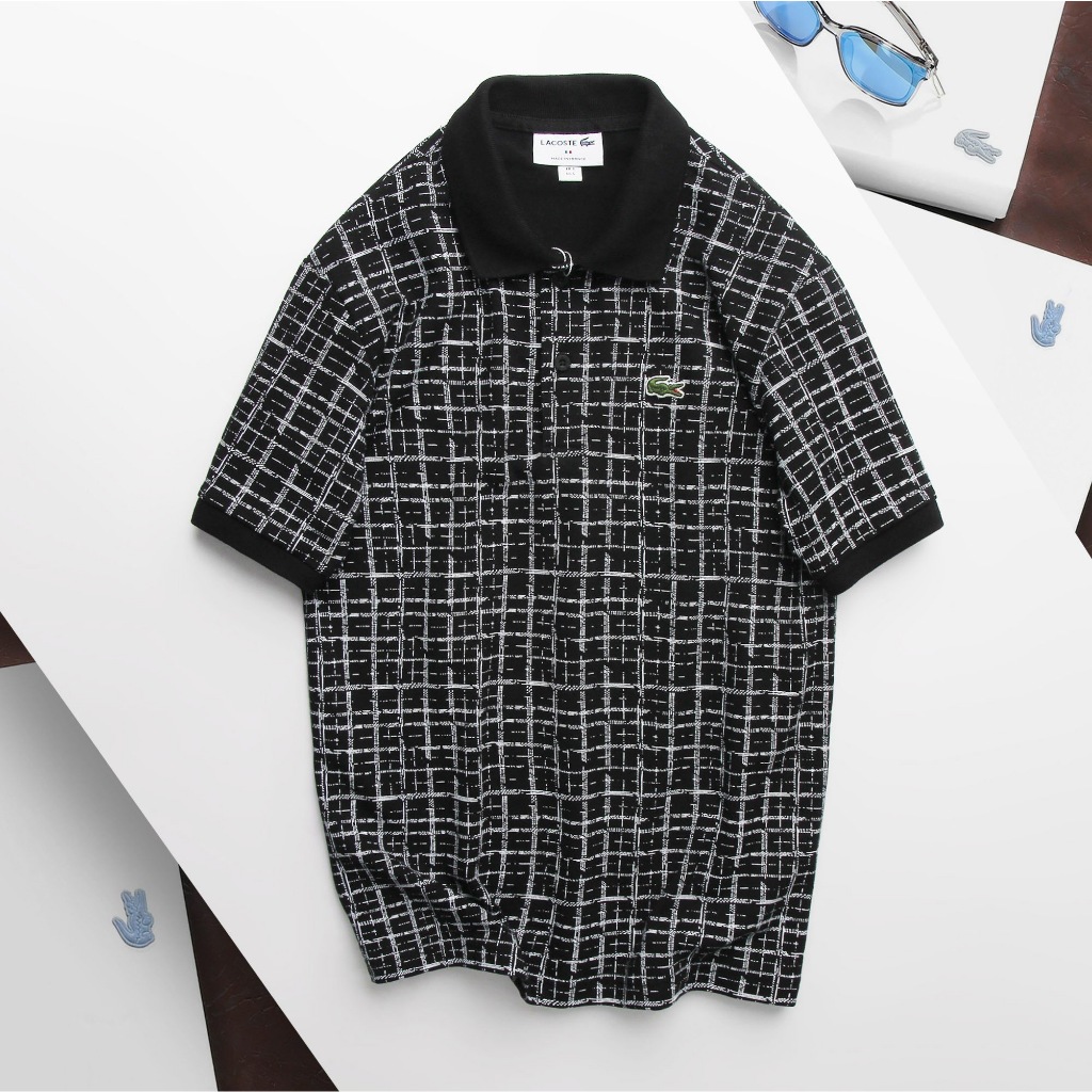 Áo polo nam ngắn tay LC Cá Sấu màu đen kẻ trắng, 100% cotton pique, phom slim ôm nhẹ, 50-85KG- Made in VN 23APL03