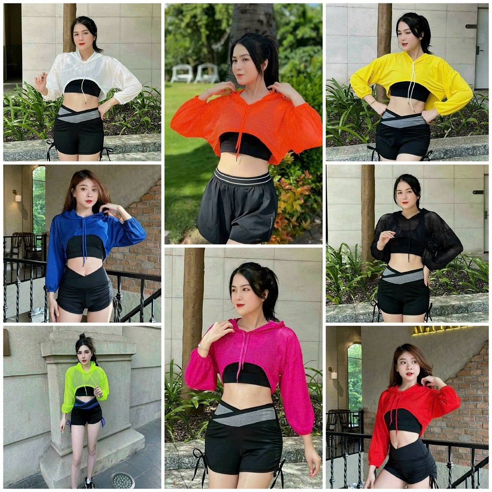 Áo Khoác Lưới Croptop Dài Tay Có Mũ Cá Tính (Đồ Tập Gym-Yoga Nữ)