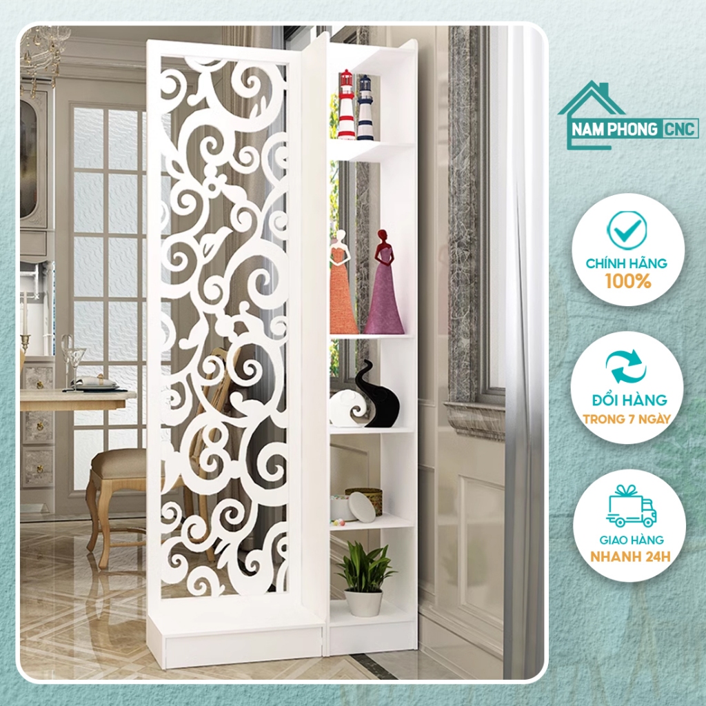 Vách ngăn bình phong liền kệ hoa văn cầu kỳ chất liệu gỗ PVC cao cấp màu trắng sang trọng thanh lịch
