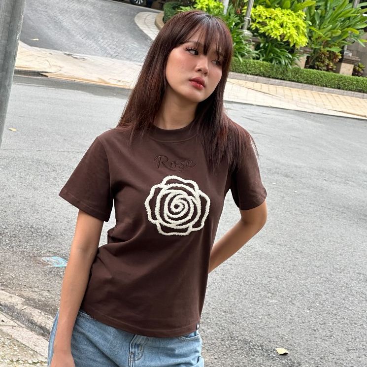 Áo thun baby tee thêu hoa xù mùa thu