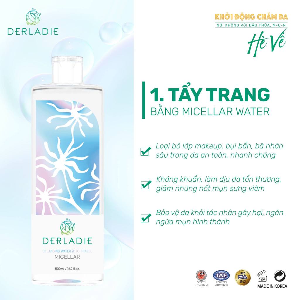 Nước Tẩy Trang Làm Sạch Sâu Cho Da Mụn Derladie Cleansing Water Witch Hazel