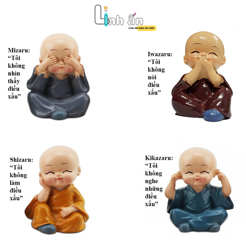 Bộ Tượng 4 Chú Tiểu Tứ Không KÈM MIẾNG DÁN - Bộ Tượng 4 Chú Tiểu - Tượng Chú Tiểu Mini Trang Trí Ô T