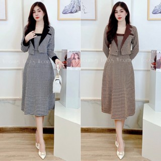  Set váy dạ én LEOSWEARING đầm 2 dây mix áo khoác croptop tay dài A701 A702 