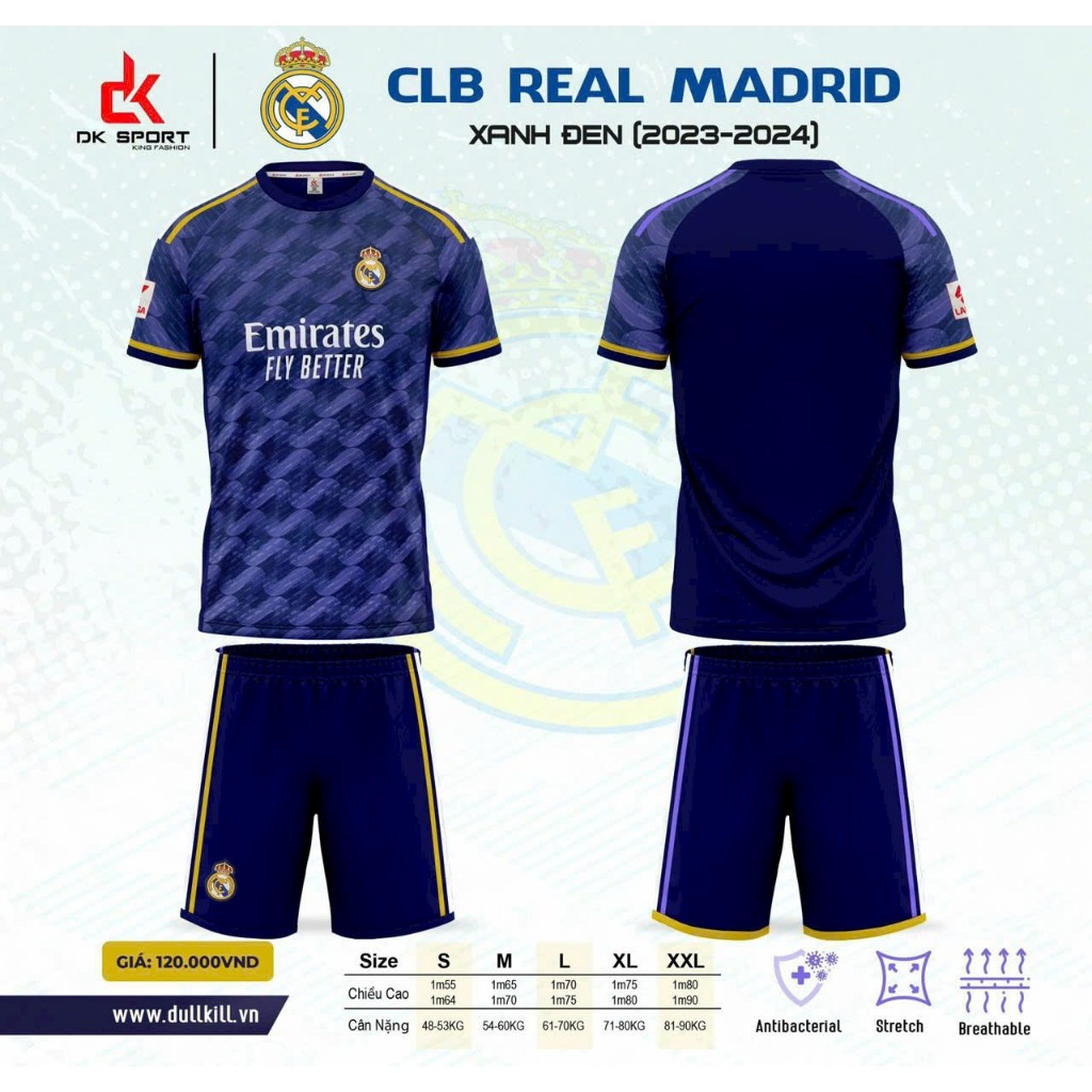 ÁO BÓNG ĐÁ CLB REAL XANH DƯƠNG SÂN KHÁCH 2024 - BỘ QUẦN ÁO BÓNG ĐÁ CLB REAL DƯƠNG 2024