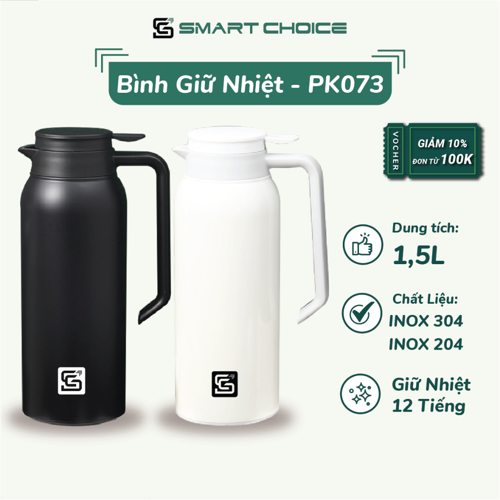 Phích Nước Giữ Nhiệt 1.5L SMARTCHOICE Phích Nước Mini Kết Cấu 2 Lớp Thép Không Gỉ SCG-PK073