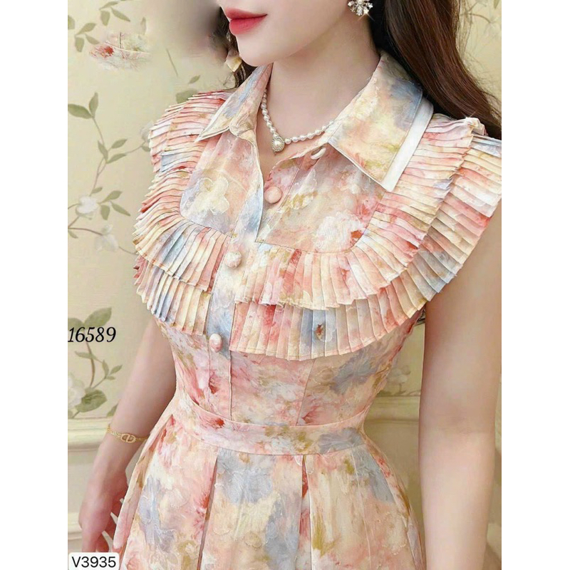 Đầm maxi xoè voan hoa đi biển siêu xinh - Free size