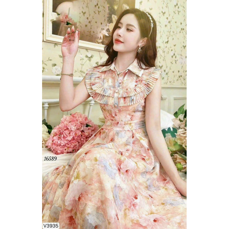 Đầm maxi xoè voan hoa đi biển siêu xinh - Free size